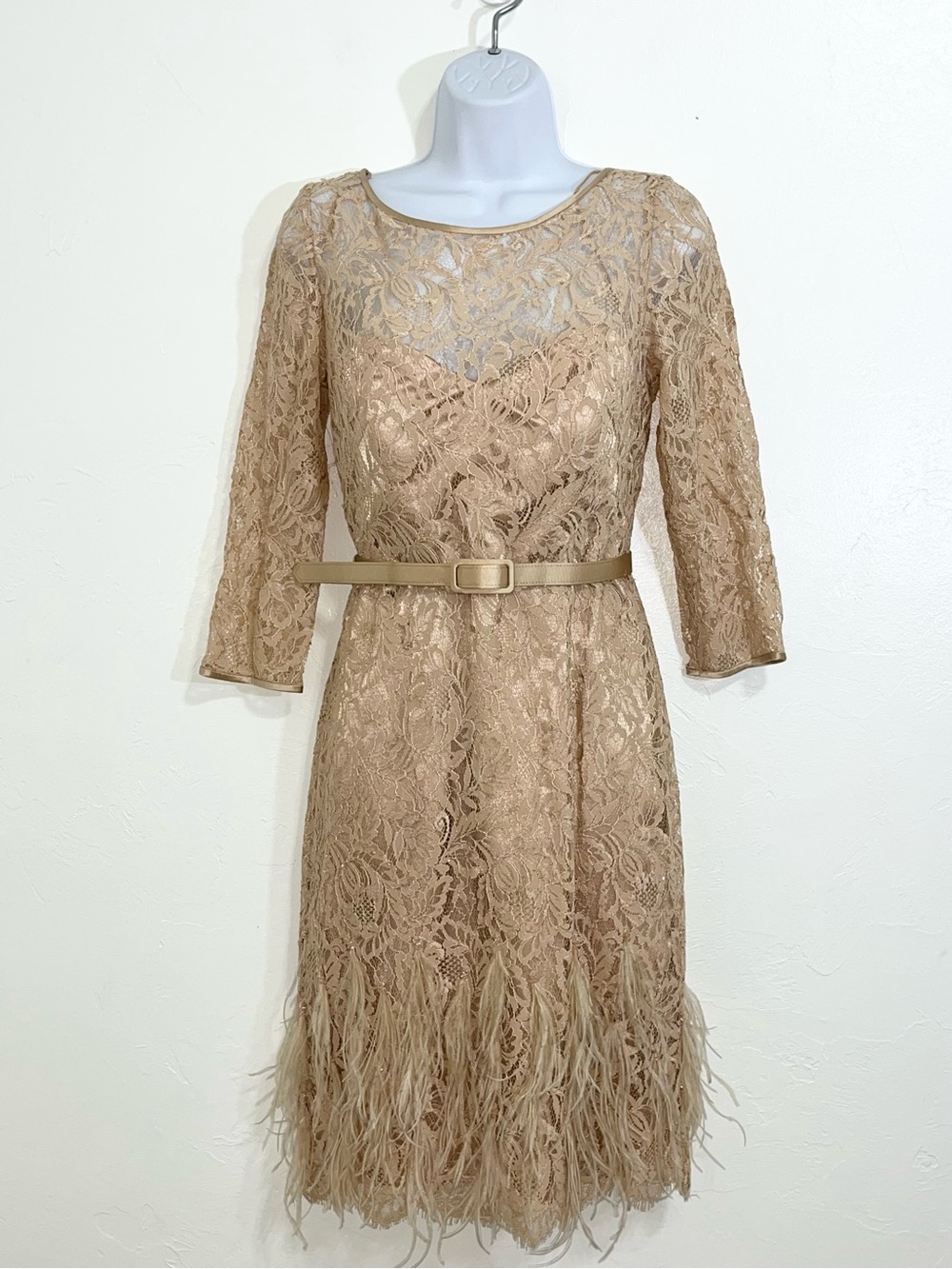 Theia Nude Champagne Lace Ostrich Feather Hem Belted Cocktail Dress